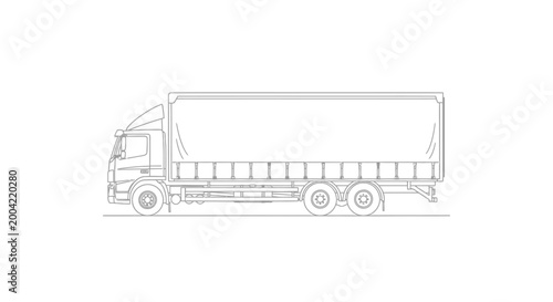 Side view line drawing of a large, multi-axle truck with a covered trailer, showcasing its mechanical structure and design.