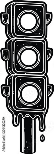 Melting traffic light illustration in black and white graphic style.