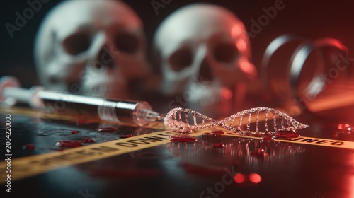 3D Render of DNA Analysis in Crime Scene with Syringe and Sculls