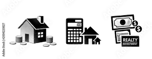 House icons representing mortgage calculation in financial context. not ideal dots