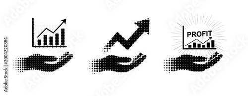 Hands presenting growth charts and profit icons in halftone. not ideal dots