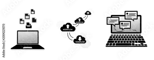 Laptop icons illustrating cloud workflow and messaging. not ideal dots