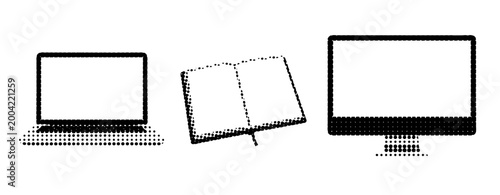 Laptop book and desktop computer displayed on white surface. not ideal dots