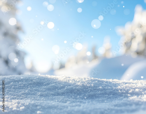Fresh winter snow surface with falling snowflakes bokeh.