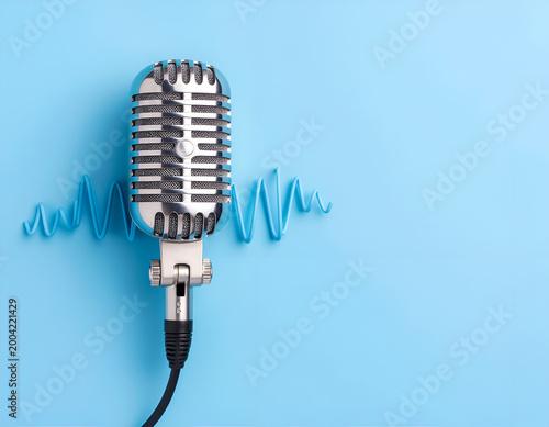 Vintage studio microphone with blue waveform on light blue background.