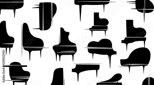 Grand pianos silhouettes scattered across white background, no seamless