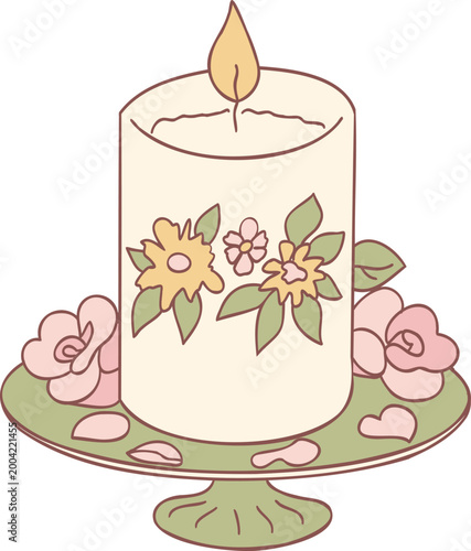 Decorative Floral Candle Vintage Pastel Illustration.