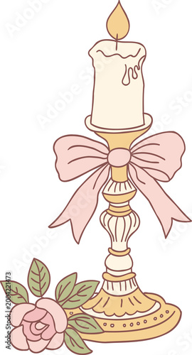 Vintage Candle with Bow and Flowers Pastel Coquette Illustration.