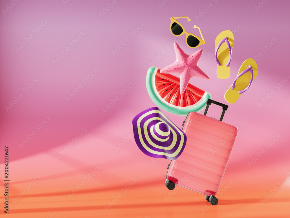 Obraz premium Travel luggage with beach accessories on colorful background with copy space. Summer travel. 3D Rendering, 3D Illustration