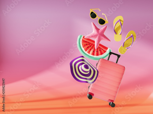 Travel luggage with beach accessories on colorful background with copy space. Summer travel. 3D Rendering, 3D Illustration