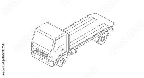 Isometric line drawing of a dump truck, showcasing its mechanical components and utilitarian design.