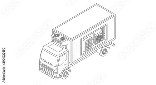Isometric line drawing of a refrigerated truck with its cooling unit and ventilation system clearly visible on the exterior.
