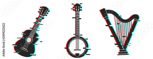 Glitch art of musical instruments: guitar, banjo, and harp with digital distortion effects