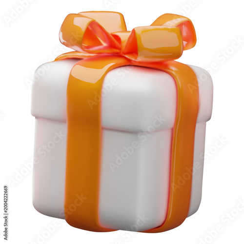 A white gift box with a closed lid, wrapped with an orange ribbon and bow. 3D plastic style. A gift for birthdays, weddings, Christmas, and Valentine's Day. For promotions and discounts. Vector.
