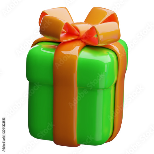 3D green gift box with orange ribbon bow vector icon. Render festive surprise close box. Realistic volume holiday decoration, birthday present. Glossy wrap package. Prize, bonus isolated