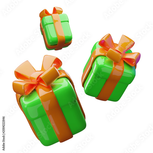 3D green gift boxes with orange ribbon bow floating in the air vector illustration. Render festive surprise. Realistic volume holiday decoration, birthday present. Glossy wrap packages. Prize, bonus