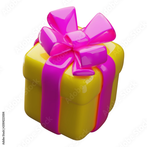 3D yellow gift box with pink ribbon bow vector icon. Festive surprise close box floating isolated. Realistic volume holiday decoration. Birthday present falling. Render glossy decorative wrap package