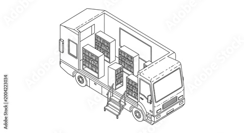 Isometric illustration of a mobile library truck interior, showcasing bookshelves and a ramp for accessibility.