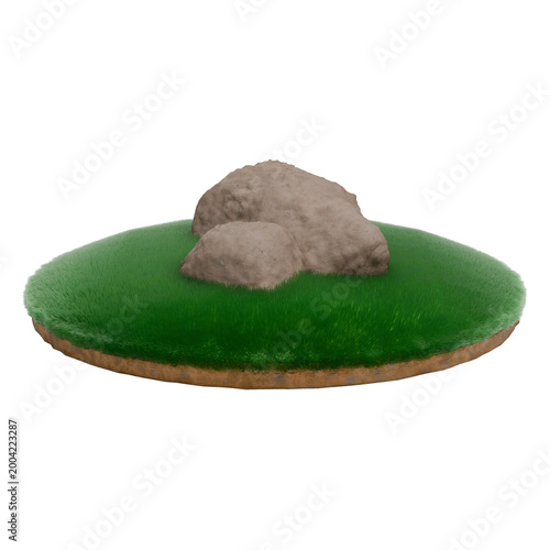 3D render of stone sits on the lush green grass