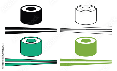 Set of Four Sushi Rolls and Chopsticks Vector Icons