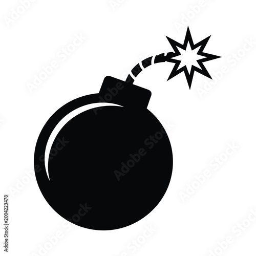 Simple black silhouette of a cartoon bomb with a lit fuse