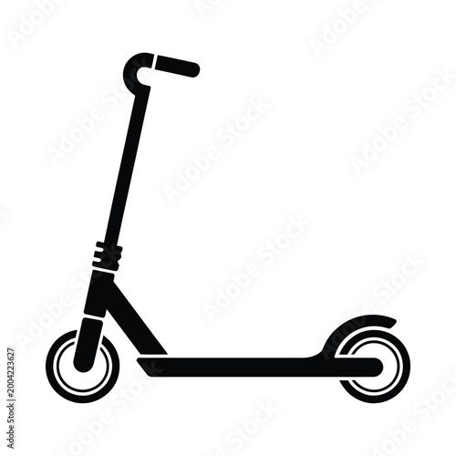 A black and white silhouette of a modern kick scooter in profile