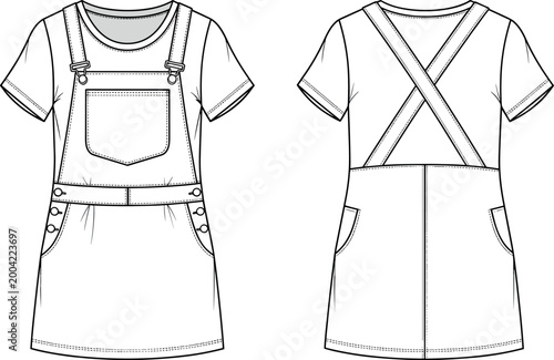 Women's Denim Pinafore Dress Fashion Technical Flat Sketch With Short Sleeve T-shirt Underneath Front And Back View Vector Clothing Template