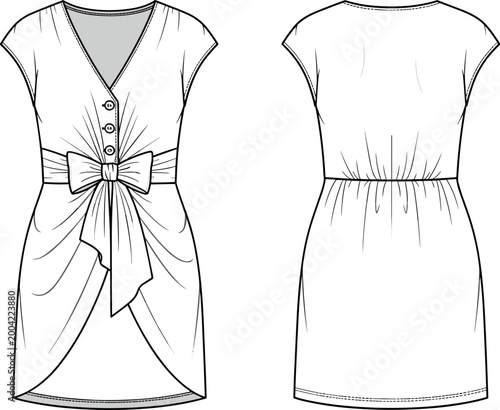 Women's V-Neck Short Sleeve Mini Dress Fashion Technical Sketch with Front Bow Detail Button Placket and Back Elasticated Waistline Vector.