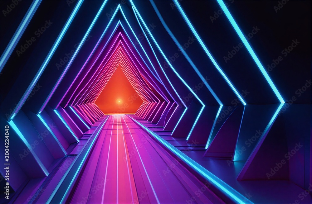 Fototapeta premium Neon triangle tunnel with vibrant blue pink and orange lights leading