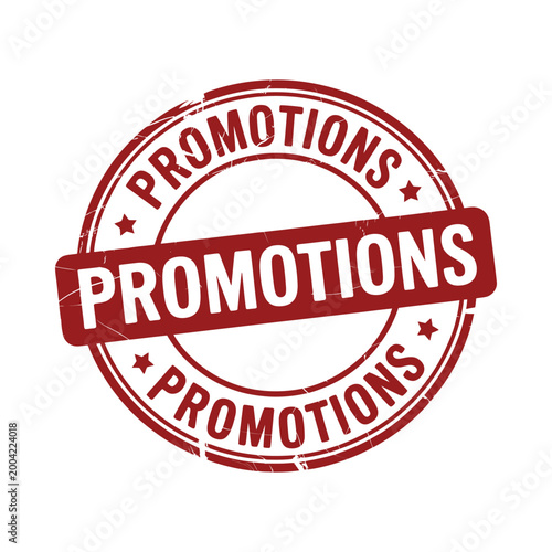 Red grunge style stamp with the word promotions repeated around a star