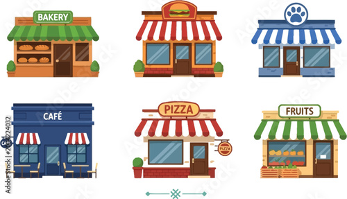 Small shops storefront set bakery cafe pizza restaurant pet shop and fruit store colorful buildings vector illustration collection