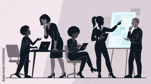 A group of business professionals in black attire are engaged in a meeting and working on laptops in a modern office setting with a presentation board