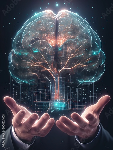 see through glowing brain in digital pattern, emits bright light and energy in a digital space. Lines and dots surround it, showing connections and ideas. 