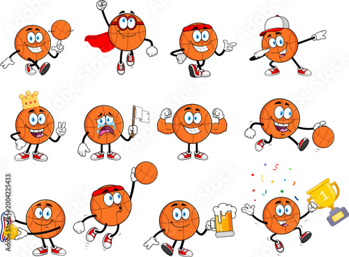 Basketball Cartoon Character Mascot Collection Set Different Emotions and Actions – Vector Hand Drawn Collection Set Isolated On Transparent Background
