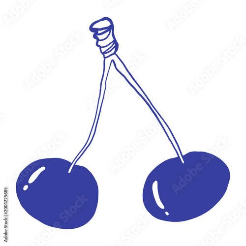 line art illustration of two cherries with stems on a clean white background, ideal for fruit, food, summer, design, and decorative themes