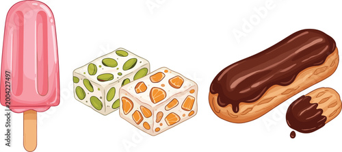 Foto Assorted sweet desserts set with ice cream popsicle nougat cubes chocolate eclai