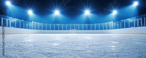 Empty, brightly lit ice hockey rink with clear glass barriers and goalposts, ready for a game.