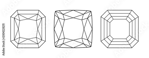 Original Radiant, Cushion, Asscher diamond cut shape. Diamond pad shape top view. Original Radiant, Cushion, Asscher brilliant cut set. Gemstone outline icon for jewellery branding, packaging, logo.