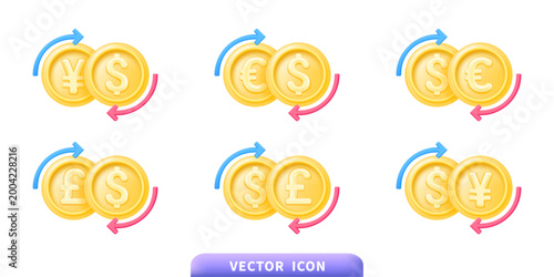 Currency exchange icon set with golden coins showing dollar euro yen pound symbols and circular arrows indicating conversion between international currencies in 3d style