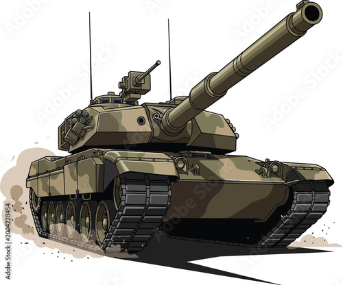 Military battle tank in camouflage with rotating turret and main cannon.