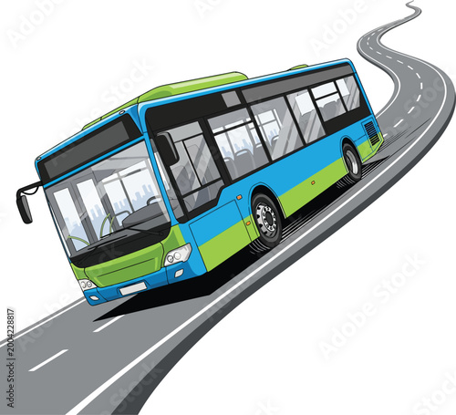 Modern blue and green city bus traveling on a winding road.