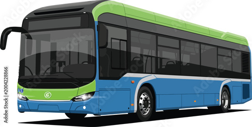Modern electric city bus in blue and green livery.