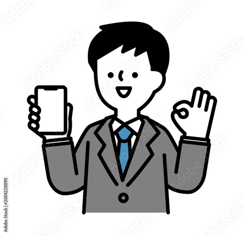 OKジェスチャーをしながらスマホを見せる笑顔の男性のイラスト