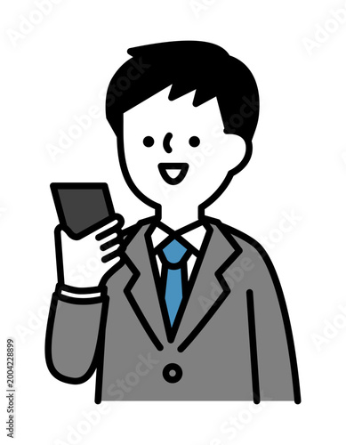 スマホで通話する笑顔の男性のイラスト