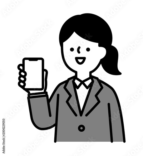 スマートフォンの画面を見せる笑顔の女性のイラスト