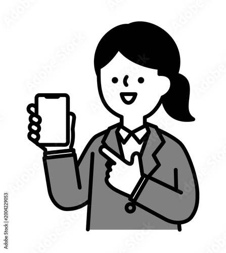 画面を見せながらスマホを指差す笑顔の女性のイラスト