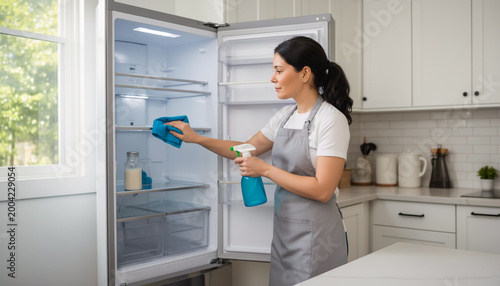 Young woman in a grey apron cleaning the interior of a white refrigerator with a blue cloth and spray bottle in a modern kitchen for domestic hygiene and home maintenance service