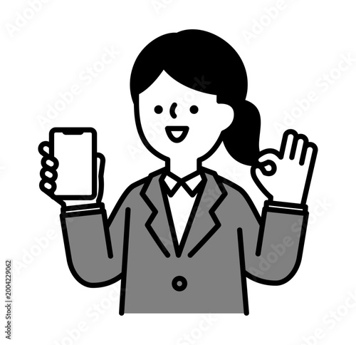 OKジェスチャーをしながらスマホを見せる笑顔の女性のイラスト