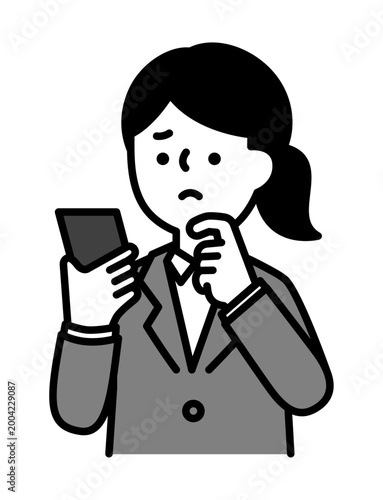 スマホを見ながら悩んでいる女性のイラスト