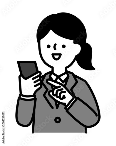 笑顔でスマートフォンを操作する女性のイラスト